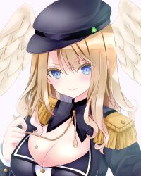 Rule 34 | 1girl, black hat, black jacket, blue eyes, blush, breasts, brown hair, cleavage, closed mouth, clover, epaulettes, eunie (xenoblade), feathered wings, four-leaf clover, hair between eyes, hand up, hat, head wings, highres, jacket, large breasts, long hair, looking at viewer, nanase nao, peaked cap, pink background, simple background, smile, solo, white wings, wings, xenoblade chronicles (series), xenoblade chronicles 3