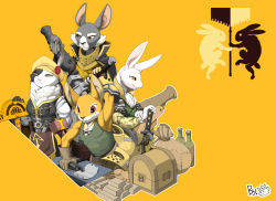 Rule 34 | absurdres, armello, armor, bottle, brown eyes, rabbit, cannon, unworn eyewear, furry, gauntlets, hammer, hat, hat feather, highres, komoking, long sleeves, polishing, pouch, ruler, sheath, simple background, smile, standing, treasure chest, yellow background, yellow eyes, yellow headwear