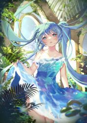 Rule 34 | 1girl, :o, absurdres, aqua eyes, aqua hair, arua, bare shoulders, blue dress, blue hair, blush, clothes lift, collarbone, cowboy shot, day, dress, floating hair, from below, green eyes, greenhouse, hair between eyes, hatsune miku, head tilt, highres, indoors, long hair, looking at viewer, off-shoulder dress, off shoulder, plant, sidelocks, skirt, skirt lift, sky, solo, standing, strapless, strapless dress, sunlight, thighs, twintails, vines, vocaloid, water dress, water drop