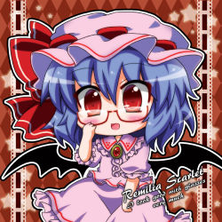 Rule 34 | 1girl, bad id, bad pixiv id, bat wings, bespectacled, blue hair, character name, chibi, english text, engrish text, glasses, hat, mob cap, noai nioshi, open mouth, ranguage, red eyes, remilia scarlet, short hair, solo, star (symbol), touhou, wings
