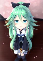 Rule 34 | 1girl, aqua eyes, black thighhighs, commentary request, detached sleeves, from above, green hair, hair between eyes, hair ornament, hair ribbon, hairclip, kantai collection, kokone (coconeeeco), long hair, looking at viewer, looking up, petals, pleated skirt, ribbon, school uniform, serafuku, sitting, skirt, solo, thighhighs, wooden chair, wooden floor, yamakaze (kancolle)