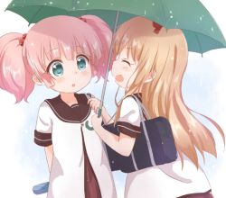 Rule 34 | 2girls, :d, ^ ^, aqua eyes, araki495, bag, blush, bow, brown dress, brown sailor collar, closed eyes, commentary request, dress, facing another, green umbrella, hair bobbles, hair bow, hair ornament, holding, holding umbrella, light brown hair, long hair, looking at another, multiple girls, open mouth, pink hair, pleated dress, profile, red bow, sailor collar, school bag, shared umbrella, short sleeves, smile, toshinou kyouko, twintails, umbrella, very long hair, wet, white dress, yoshikawa chinatsu, yuru yuri