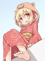 Rule 34 | 1girl, alternate costume, animal hood, barefoot, blonde hair, blue background, commentary request, fang, feet, hair between eyes, hair ribbon, hood, japanese clothes, kimono, looking at viewer, natsu no koucha, obi, open mouth, red eyes, red kimono, red ribbon, ribbon, rumia, sash, short hair, sitting, sketch, smile, soles, solo, toes, touhou