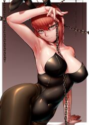 Rule 34 | 1girl, animal ears, arm support, arm up, armpits, arms up, bare arms, bare shoulders, black leotard, black pantyhose, braid, braided ponytail, breasts, chain, chainsaw man, cleavage, closed mouth, collarbone, cowboy shot, eyebrows, eyelashes, female focus, fingernails, grey background, highres, large breasts, leaning to the side, leotard, long hair, looking at viewer, low ponytail, makima (chainsaw man), max (maxlikeapicture), pantyhose, playboy bunny, ponytail, rabbit ears, red eyes, simple background, smug, solo, standing, strapless, strapless leotard, wide hips, yellow eyes