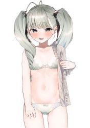 Rule 34 | ahoge, bad id, bad twitter id, blush, bow, bow bra, bow panties, bra, breasts, collarbone, drill hair, floral print, grey eyes, grey hair, highres, navel, open clothes, original, panties, short hair, simple background, small breasts, smile, standing, tamafurin, twin drills, twintails, underwear, undressing, white background