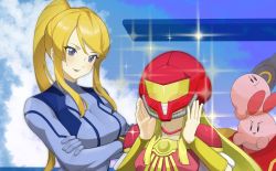 Rule 34 | 2girls, bead necklace, beads, blonde hair, blue eyes, blush, bodysuit, breasts, commentary request, crossed arms, day, dress, hands up, helmet, highres, jewelry, katwo, kirby, large breasts, long hair, lower teeth only, medium breasts, metroid, multiple girls, necklace, nintendo, open mouth, outdoors, pink dress, ponytail, princess zelda, samus aran, skin tight, smile, sparkle, super smash bros., sweatdrop, teeth, the legend of zelda, the legend of zelda: a link between worlds, upper body, v-shaped eyebrows, zero suit