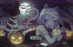 Rule 34 | 1girl, 2016, animal ears, bandages, bat (animal), blood, building, candy, cat ears, cat tail, colored blood, emoji, eyelashes, fang, fence, food, halloween, jack-o&#039;-lantern, lying, narrowed eyes, on stomach, original, outdoors, phone, pink hair, pink tail, pumpkin, purple blood, rofortyseven, shoes, short hair, star (sky), tail, tree