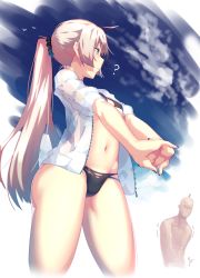 Rule 34 | 1boy, 1girl, ?, bikini, black bikini, blue eyes, blue sky, breasts, closed mouth, contrapposto, cowboy shot, day, dev (dev0614), from below, from side, hair ornament, hair scrunchie, half-closed eyes, highres, interlocked fingers, light brown hair, long hair, looking afar, looking away, making-of available, nail polish, navel, outdoors, own hands together, ponytail, scrunchie, sky, small breasts, standing, stomach, strap gap, stretching, swimsuit