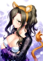 Rule 34 | 10s, 1girl, animal ears, black hair, black shirt, blush, breast hold, breasts, brown eyes, cleavage, collarbone, commentary request, crossed arms, earrings, floral print, idolmaster, idolmaster cinderella girls, jewelry, large breasts, lion ears, lion tail, long hair, long sleeves, looking at viewer, looking to the side, mukai takumi, parted lips, ponytail, shirt, solo, tail, zen