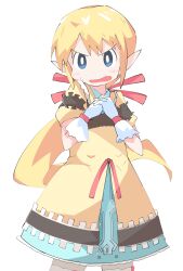 Rule 34 | 1girl, blonde hair, blue dress, blue eyes, blush, commentary request, cowboy shot, dress, gloves, highres, layered dress, looking at viewer, medium bangs, memoi, nichijou, open mouth, own hands together, pointy ears, princess starla (nichijou), short hair, short sleeves, simple background, solo, sweatdrop, v-shaped eyebrows, white background, white gloves, yellow dress