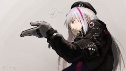 Rule 34 | 1girl, beret, black coat, black hat, blush, coat, dated, girls&#039; frontline, gloves, grey background, grey hair, grin, hat, long hair, long sleeves, mdr (girls&#039; frontline), multicolored hair, one eye closed, pazuu, pink hair, signature, simple background, smile, solo, star (symbol), streaked hair, tactical clothes, upper body