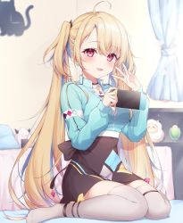 Rule 34 | 1girl, ahoge, avatar 2.0 project, blonde hair, curtains, dress, handheld game console, hands up, holding, holding handheld game console, long hair, looking at viewer, minase shia, nintendo switch, open mouth, red eyes, sitting, smile, solo, thighhighs, thighs, twintails, very long hair, virtual youtuber, wariza, zky (oekaky)
