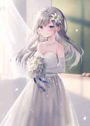 Rule 34 | 1girl, bare shoulders, blue eyes, blush, bouquet, breasts, cleavage, closed mouth, collarbone, commentary request, curtains, day, dress, elbow gloves, flower, gloves, grey hair, hair flower, hair ornament, holding, holding bouquet, indoors, long hair, medium breasts, midorikawa you, original, petals, rose, smile, solo, strapless, strapless dress, transparent, very long hair, white dress, white flower, white gloves, white rose