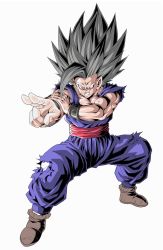 Rule 34 | 1boy, big hair, clenched teeth, dougi, dragon ball, dragon ball super, dragon ball super super hero, full body, gohan beast, grey hair, highres, male focus, muscular, muscular male, red eyes, red sash, sash, simple background, solo, son gohan, spiked hair, teeth, torn clothes, white background, youngjijii