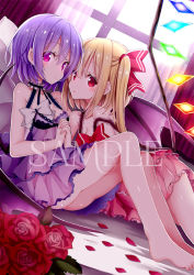Rule 34 | 2girls, backlighting, bare arms, bare shoulders, bat wings, bed sheet, blonde hair, breasts, cleavage, commentary request, crystal, curtains, dress, dutch angle, flandre scarlet, flower, givuchoko, glowing, hair between eyes, hair ribbon, holding hands, indoors, interlocked fingers, long hair, medium breasts, multiple girls, one side up, petals, pillow, pink dress, purple dress, purple eyes, purple hair, purple wings, red eyes, red flower, red ribbon, red rose, remilia scarlet, ribbon, rose, rose petals, sample watermark, sleeveless, sleeveless dress, sunlight, touhou, transparent, transparent wings, watermark, window, wings