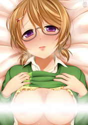 Rule 34 | 10s, 1girl, alternate hairstyle, bad id, bad pixiv id, blonde hair, blush, bra, bra lift, breasts, censored, censored nipples, cleavage, clothes lift, collared shirt, convenient censoring, eyebrows, female focus, full-face blush, glasses, grey-framed glasses, hair ornament, hairclip, koizumi hanayo, large breasts, lifted by self, light censor, looking at viewer, love live!, love live! school idol project, low twintails, lying, on back, on bed, parted lips, pink lips, purple eyes, semi-rimless eyewear, shirt, shirt lift, short twintails, solo, suzume miku, sweat, twintails, under-rim eyewear, underwear, upper body, white shirt, x hair ornament, yellow bra