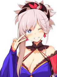Rule 34 | 1girl, bare shoulders, blue eyes, breasts, chata maru (irori sabou), cleavage, collarbone, commentary request, earrings, fate/grand order, fate (series), grey hair, grin, hair ornament, highres, japanese clothes, jewelry, large breasts, long hair, looking at viewer, miyamoto musashi (fate), miyamoto musashi (third ascension) (fate), one eye closed, simple background, smile, solo, v, white background