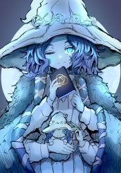 Rule 34 | 1girl, absurdres, blue eyes, blue skin, book, cloak, coat, colored skin, crack, cracked skin, doll, dress, elden ring, extra arms, facial tattoo, fur cloak, fur coat, hat, highres, long hair, looking at viewer, moon, night, night sky, one eye closed, ranni the witch, sae art, sky, smile, solo, tattoo, wavy hair