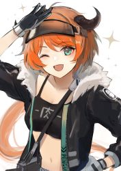 Rule 34 | 1girl, ;d, animal ears, arknights, azuazu 0405, bag, black headwear, black jacket, blush, breasts, cow ears, croissant (arknights), crop top, female focus, fur-trimmed jacket, fur trim, gloves, green eyes, grey gloves, hand on own hip, highres, jacket, long hair, long sleeves, looking at viewer, low ponytail, medium breasts, navel, one eye closed, open clothes, open jacket, open mouth, orange hair, shoulder bag, simple background, smile, solo, sparkle, upper body, very long hair, white background