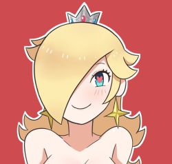 Rule 34 | 1girl, bare shoulders, blonde hair, blue eyes, blush, close-up, closed mouth, crown, earrings, hair over one eye, heart, heart-shaped pupils, jewelry, light blush, long hair, looking at viewer, mario (series), nintendo, no nose, outline, portrait, red background, rosalina, sarukaiwolf, simple background, smile, solo, star (symbol), star earrings, super mario galaxy, symbol-shaped pupils, white outline