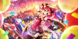 Rule 34 | 1girl, aircraft, aqua eyes, artist request, balloon, boots, bow, braid, candy, circus, collar, elbow gloves, ferris wheel, fingerless gloves, food, frilled collar, frilled skirt, frills, garter straps, gloves, hair bow, hand puppet, hat, highres, hot air balloon, kurosawa ruby, leaning back, looking at viewer, love live!, love live! school idol festival all stars, love live! sunshine!!, official art, open mouth, pink hat, polka dot, polka dot headwear, puppet, rabbit pose, red hair, skirt, smile, solo, standing, standing on one leg, striped clothes, striped gloves, sunset, tent, thighhighs, zettai ryouiki
