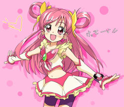 Rule 34 | 00s, 1girl, bike shorts, bike shorts under skirt, blush, bug, butterfly, crop top, cure dream, detached sleeves, earrings, hair rings, heart, insect, ixy, jewelry, long hair, magical girl, midriff, outstretched arms, pink background, pink eyes, pink hair, pink theme, precure, purple shorts, shorts, shorts under skirt, skirt, solo, spread arms, translation request, very long hair, watch, wristwatch, yes! precure 5, yumehara nozomi