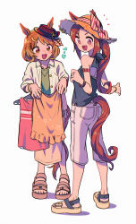 Rule 34 | 2girls, absurdres, animal ears, appleq, arm strap, bare shoulders, bow, bracelet, brown hair, clothing cutout, commentary request, ears through headwear, flower-shaped pupils, full body, green shirt, highres, holding, holding clothes, horse ears, horse girl, horse tail, jacket, jewelry, long hair, long skirt, multiple girls, north flight (umamusume), open clothes, open jacket, pants, pink eyes, red bow, sakura bakushin o (umamusume), sandals, shirt, simple background, skirt, sleeveless, sleeveless shirt, striped, striped bow, symbol-shaped pupils, tail, tail through clothes, umamusume, white background, white bow, white jacket, white pants, white skirt, yellow eyes
