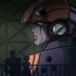 Rule 34 | 1boy, 1girl, blurry, blurry foreground, from behind, hangar, jazz jack, lowres, mecha, profile, r dorothy wayneright, railing, robot, roger smith, silhouette, the big o