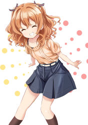 Rule 34 | abe kanari, arms behind back, belt, bow, bra strap, breasts, calf socks, closed eyes, commentary, denim, denim skirt, dots, grin, hair bow, high school fleet, highres, leaning forward, loose clothes, loose shirt, medium hair, open mouth, orange hair, shirt, short sleeves, simple background, skirt, small breasts, smile, spread fingers, standing, stitches, wavy hair, white belt, yanagiwara maron