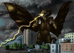 Rule 34 | alien, billboard, breath weapon, breathing lightning, building, bus, car, city, cloud, cloudy sky, combat knife, conjoined, crossover, day, dragon, electricity, energy, energy beam, giant, glowing, glowing mouth, godzilla (series), godzilla vs. king ghidorah, gomess, gravity beam, highres, hydra, kaijin, kaijuu, king ghidorah, knife, motor vehicle, mouth beam, multiple crossover, multiple heads, multiple tails, open mouth, overcast, red king (ultra series), redman, redman (character), road, roaring, seijin, sharp teeth, sky, street light, superhero costume, tail, teeth, toho, tree, tsuburaya productions, ultra-taf, ultra q, ultra series, ultraman (1st series), weapon, wings, yellow electricity