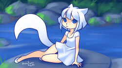 Rule 34 | 1girl, :3, animal ears, arm support, blue eyes, collarbone, drantyno, dress, fox ears, fox girl, fox tail, fuyu (ryuhi), grass, looking at viewer, pond, rock, shoes, short hair, short sleeves, sitting, tail, water, white dress, white footwear, white hair