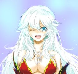 Rule 34 | 1girl, artemis (fate), bare shoulders, blue eyes, breasts, cleavage, dress, fate/grand order, fate (series), jewelry, long hair, one eye closed, open mouth, white hair, wink