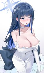 Rule 34 | 1girl, absurdres, arm under breasts, bare shoulders, black bow, blue archive, blue eyes, blue hair, blue halo, bow, braid, breasts, choker, cleavage, collarbone, colored inner hair, dress, dress bow, elbow gloves, embarrassed, french braid, ggoong (pooplambgoong22), gloves, hair ornament, halo, highres, large breasts, looking to the side, multicolored hair, official alternate costume, open mouth, saori (blue archive), saori (dress) (blue archive), simple background, solo, strapless, strapless dress, sweatdrop, white background, white choker, white dress, white gloves