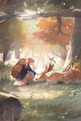 Rule 34 | 1girl, absurdres, backpack, bag, bird, blonde hair, blue shirt, bracelet, brown bag, brown eyes, brown footwear, closed mouth, commentary request, dappled sunlight, day, deer, dress, forest, from side, highres, huge filesize, jewelry, log, long hair, long sleeves, nakamura haco, nature, original, outdoors, patting, pink dress, profile, sandals, shirt, smile, solo, squatting, sunlight, tree, twintails, wide shot