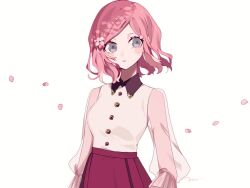 Rule 34 | 1girl, blush stickers, buttons, collared shirt, flower, grey eyes, hair flower, hair ornament, long sleeves, looking to the side, maco22, original, parted lips, petals, pink hair, see-through, see-through sleeves, shirt, short hair, skirt, solo
