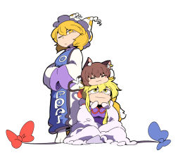 Rule 34 | 3girls, :3, = =, animal ears, animal hat, blonde hair, blush stickers, bow, brown hair, carrying, cat ears, cat tail, chen, closed eyes, dress, earrings, expressionless, gap (touhou), hands in opposite sleeves, hands together, hat, heart, heart tail, jewelry, long sleeves, looking at another, looking down, mob cap, moyazou (kitaguni moyashi seizoujo), multiple girls, multiple tails, no headwear, no pupils, one eye closed, piggyback, mob cap, romaji text, short hair, shoulder carry, simple background, sitting, smile, socks, tabard, tail, tassel, touhou, two tails, white background, white dress, white legwear, wide sleeves, yakumo ran, yakumo yukari, yellow eyes