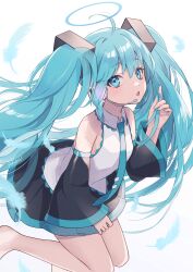 Rule 34 | 1girl, :o, ahoge, ashika (yftcc948), bare shoulders, barefoot, blue eyes, blue feathers, blue hair, blue nails, blue necktie, detached sleeves, feathers, hair ornament, halo, hatsune miku, headphones, highres, necktie, playing with own hair, pleated skirt, shirt, skirt, sleeveless, sleeveless shirt, solo, vocaloid