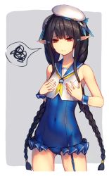 Rule 34 | 1girl, anette (pso2), bare arms, bare shoulders, beret, black hair, blue eyes, blue one-piece swimsuit, blue sailor collar, blush, border, braid, breast conscious, casual one-piece swimsuit, closed mouth, commentary request, cowboy shot, crop top, flat chest, frilled one-piece swimsuit, frilled swimsuit, frills, frown, garter straps, gluteal fold, grey background, hair ornament, hairclip, hands on own chest, hat, highres, long hair, looking away, looking down, munuu, neckerchief, one-piece swimsuit, outside border, phantasy star, phantasy star online 2, pointy ears, sailor collar, shirt, sidelocks, simple background, single garter strap, sleeveless, sleeveless shirt, solo, speech bubble, spoken squiggle, squiggle, swimsuit, thighs, twin braids, very long hair, white border, white hat, white shirt, wrist cuffs, yellow neckerchief