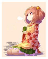 Rule 34 | 1girl, apron, bell, blush, brown hair, checkered clothes, checkered kimono, cup, falken (yutozin), full body, hair bell, hair ornament, highres, holding, japanese clothes, kimono, long sleeves, looking to the side, motoori kosuzu, orange eyes, parted lips, seiza, sitting, solo, touhou, twintails, wide sleeves, yellow apron, yunomi