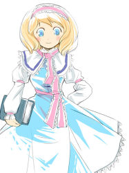 Rule 34 | 1girl, alice margatroid, blonde hair, blue dress, blue eyes, blush, book, capelet, dress, female focus, hairband, hand on own hip, holding, holding book, looking at viewer, sash, short hair, simple background, smile, solo, standing, touhou, wavy hair, white background, yuu (kfc)