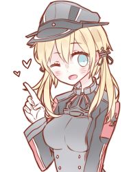 Rule 34 | 10s, 1girl, blonde hair, blue eyes, blush, breasts, gloves, grey hat, hat, highres, index finger raised, kantai collection, kvlen, large breasts, long sleeves, looking at viewer, medium hair, one eye closed, open mouth, prinz eugen (kancolle), smile, solo, white gloves