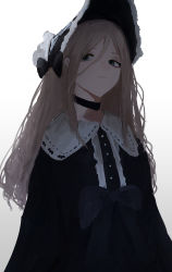 Rule 34 | 1girl, absurdres, black choker, black headwear, blonde hair, bow, choker, closed mouth, dress, expressionless, frilled headwear, frills, green eyes, highres, long hair, looking at viewer, original, pikuson, simple background, solo, standing, white background