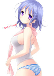 Rule 34 | 1girl, ass, blue hair, blush, breasts, english text, female focus, looking at viewer, looking back, no pants, original, panties, piyodera mucha, pun, purple eyes, purple hair, short hair, sideboob, simple background, solo, striped clothes, striped panties, tank top, towel, underwear, white background