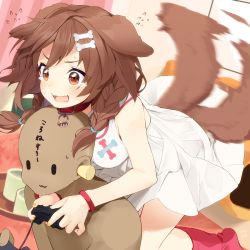 Rule 34 | 1girl, afterimage, animal ears, blush, bone hair ornament, braid, breasts, brown hair, collar, commentary, controller, cup, curtains, dog ears, dog tail, dress, earplugs, full body, game controller, hair ornament, highres, holding, holding controller, holding game controller, hololive, indoors, inugami korone, inugami korone (1st costume), kneeling, leaning forward, medium breasts, medium hair, motion blur, nail polish, nejime, nervous sweating, open mouth, red collar, red eyes, red legwear, side braids, signature, sleeveless, sleeveless dress, socks, sweat, sweatdrop, tail, tail wagging, teacup, tearing up, tears, tray, twin braids, virtual youtuber, wavy mouth, white dress, wristband, yellow nails