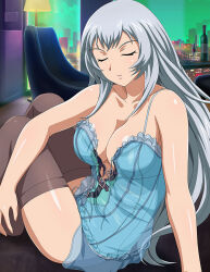 Rule 34 | 1girl, bare arms, blue shirt, breasts, chouun shiryuu, cleavage, closed eyes, closed mouth, collarbone, facing viewer, grey hair, grey thighhighs, ikkitousen, indoors, large breasts, long hair, shiny skin, shirt, sitting, sleeveless, sleeveless shirt, solo, spaghetti strap, straight hair, thighhighs, untied, very long hair