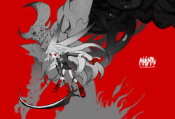 Rule 34 | 1girl, abysmal, animal ears, axe, black hair, black skirt, character name, commentary request, copyright name, english text, extra ears, floating hair, gradient hair, grey hair, highres, holding, holding axe, holding scythe, kokaki mumose, layered sleeves, long hair, long sleeves, looking to the side, monster, multicolored hair, open mouth, pointy ears, red background, red eyes, red footwear, red socks, scythe, shoes, short over long sleeves, short sleeves, skirt, sneakers, socks, v-shaped eyebrows, very long hair, wide shot