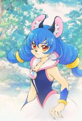 Rule 34 | 1girl, :3, aizen (syoshiyuki), animal ears, blue hair, brooch, brown eyes, cat ears, cowboy shot, furry, furry female, highres, jewelry, long hair, looking at viewer, low-tied long hair, precure, skirt, smile, solo, star twinkle precure, tree, twintails, whiskers, white skirt, wrist cuffs, yuni (precure)