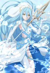 Rule 34 | 1girl, azura (fire emblem), blue hair, breasts, brown eyes, dancer, dress, female focus, fire emblem, fire emblem fates, highres, holding, holding staff, jewelry, kakiko210, legband, long hair, looking at viewer, necklace, nintendo, single thighhigh, smile, solo, staff, thighhighs, very long hair, water, weapon, white dress, white thighhighs, yellow eyes