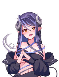 Rule 34 | 1girl, :d, absurdres, bandeau, belt, black bandeau, black belt, black hair, black jacket, blue belt, blush, breasts, brown eyes, chest belt, cleavage, commentary request, curled horns, demon girl, demon horns, demon tail, grey horns, hair between eyes, hebiyoi tier, hebiyoi tier (1st costume), highres, horns, jacket, large breasts, long hair, long sleeves, looking at viewer, multicolored hair, nanashi inc., navel, off shoulder, open mouth, pointy ears, purple hair, simple background, smile, snake bite, solo, steepled fingers, sugar lyric, tail, two-tone hair, underboob, upper body, virtual youtuber, white background, yomusu