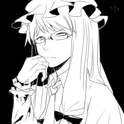 Rule 34 | 1girl, bespectacled, black background, bow, chamaruk, female focus, glasses, gloves, greyscale, hair bow, hat, head rest, long hair, lowres, monochrome, patchouli knowledge, simple background, solo, touhou